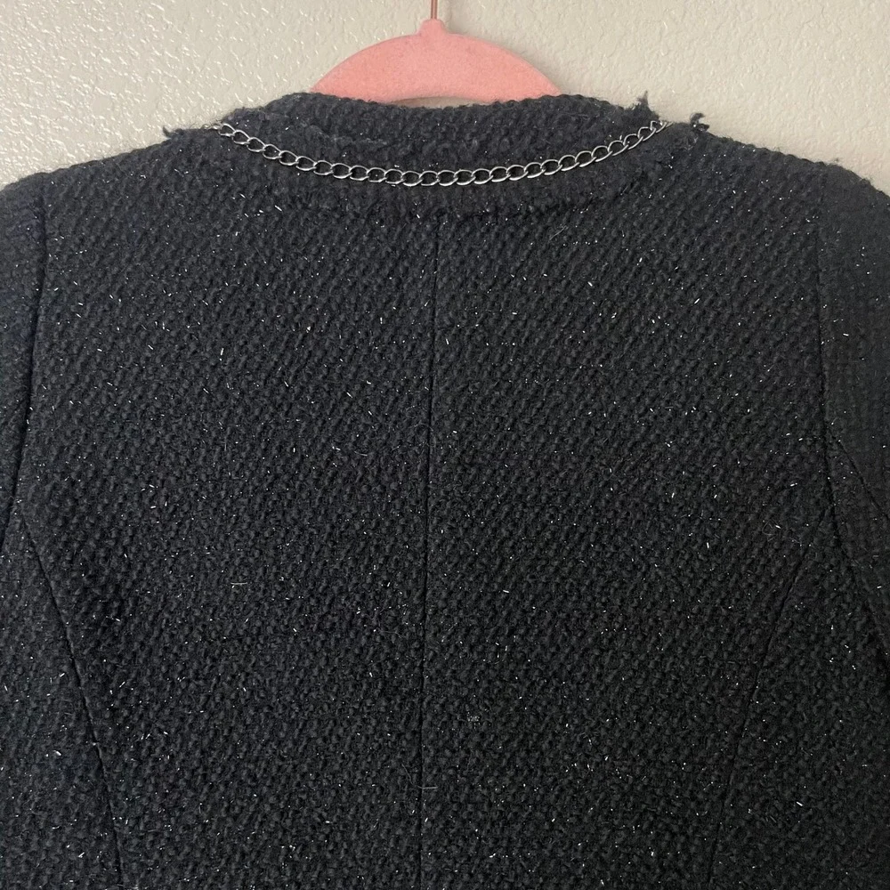 Maje Blazer Womens 36 Small Black Wool Tweed Knit Chain Trim Jacket Quiet Luxury
